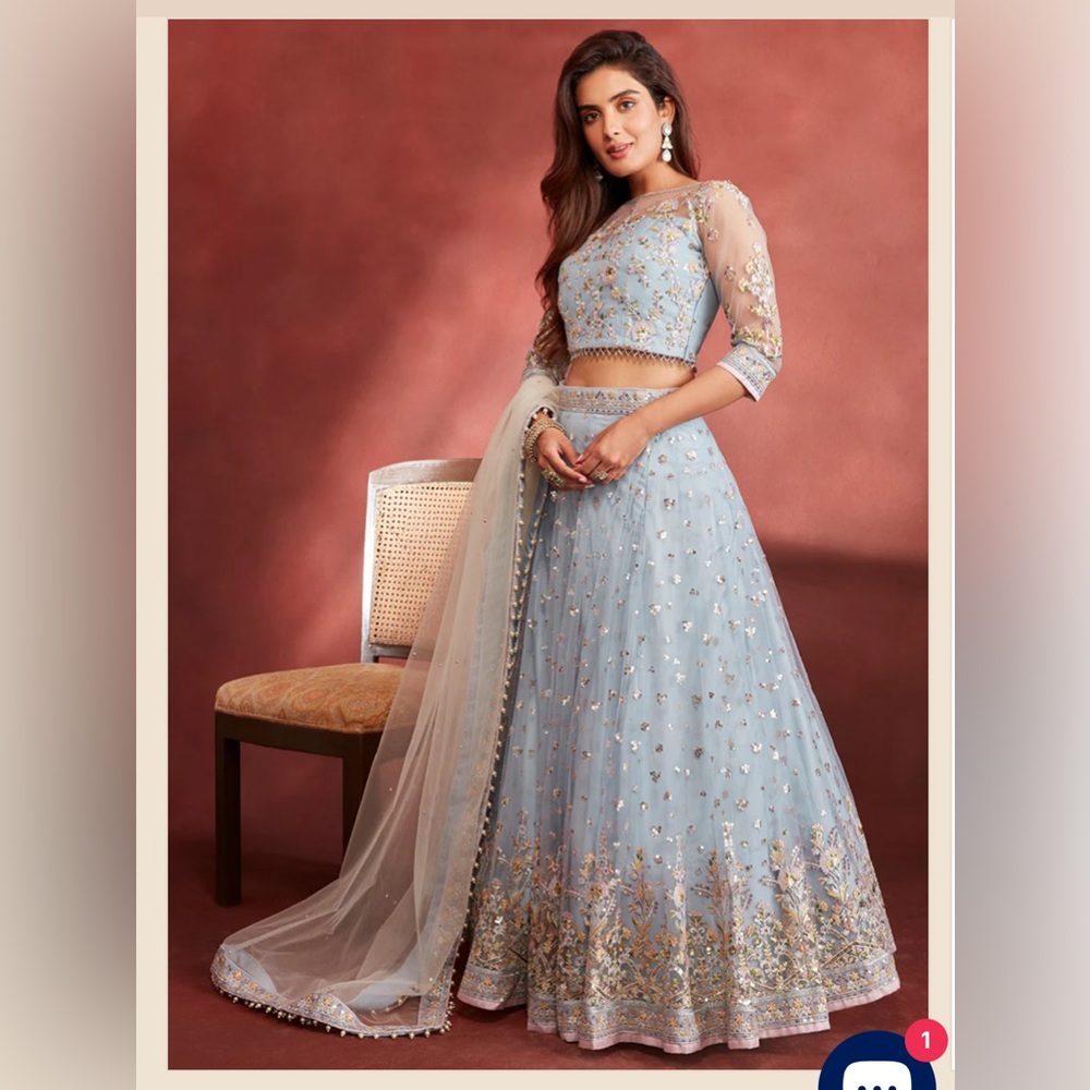 Lashkarra Dusty Blue Net Lehenga, Size X-Small
